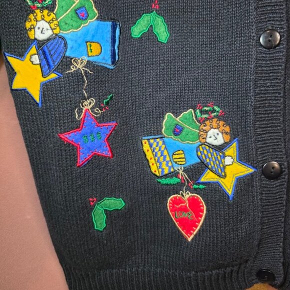 Vtg QUACKER FACTORY Black Cardigan Sweater Holiday Christmas Angels Holly Stars - Picture 6 of 11